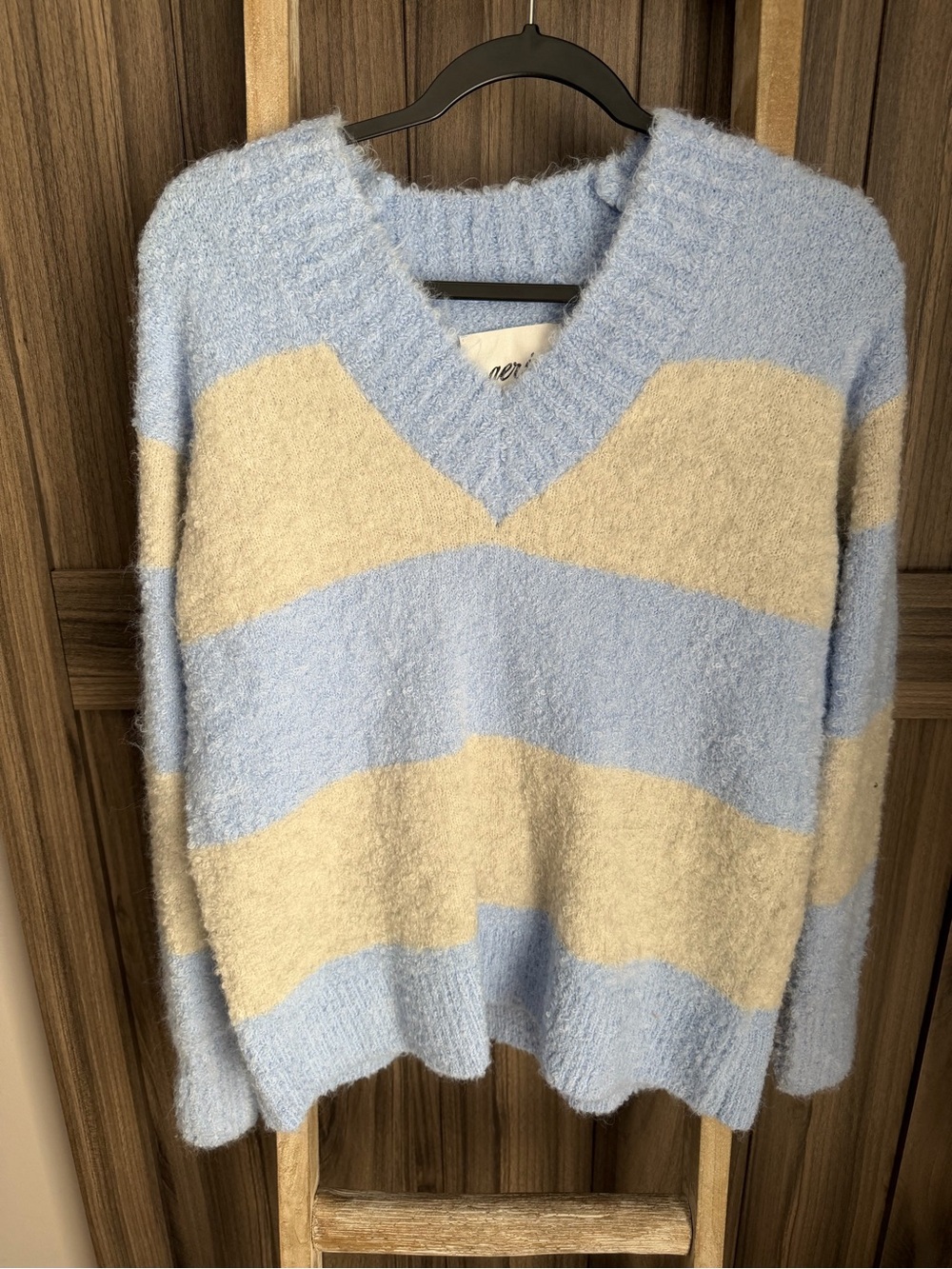 aerie Striped V-Neck Sweater in Light Blue & Gray